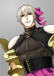  bare_shoulders belt_collar black_collar collarbone commentary_request cosplay covered_nipples crossdressing fate/extra fate/extra_ccc fate/grand_order fate_(series) gawain_(fate/extra) gold_trim grey_hair hair_ribbon looking_at_viewer male_focus muscle o-ring o-ring_top open_mouth passion_lip passion_lip_(cosplay) pectorals ribbon rkp upper_body 