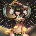  ;) absurdres alternate_costume armpits arms_up black_hair breasts circlet cleavage dancing egyptian egyptian_clothes eyeshadow gauntlets hannah_santos harem_outfit head_wings highres hime_cut jewelry large_wings lips loincloth long_hair looking_at_viewer makeup medium_breasts midriff navel one_eye_closed reiuji_utsuho revealing_clothes ring see-through single_gauntlet slender_waist smile symbol-shaped_pupils thumb_ring touhou wings yellow_eyes 