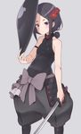  bare_shoulders black_hair bow flower hair_flower hair_ornament hat hat_removed headwear_removed hechi_(hechi322) japanese_clothes jingasa katana princess_principal purple_eyes red_flower sleeveless solo sword toudou_chise weapon 