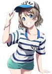  baseball_cap blue_eyes blush brown_hair character_name clenched_teeth clothes_writing collarbone hat head_tilt looking_at_viewer love_live! love_live!_sunshine!! nishiuri_warito shirt short_hair shorts simple_background solo striped striped_shirt t-shirt teeth watanabe_you white_background 