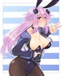  adult_neptune animal_ears blush breasts bunny_ears bunnysuit cleavage collarbone cowboy_shot d-pad d-pad_hair_ornament dura fake_animal_ears hair_ornament highres hood hooded_jacket jacket large_breasts leotard long_hair looking_at_viewer naughty_face neptune_(series) pantyhose pose purple_eyes purple_hair shin_jigen_game_neptune_vii shiny shiny_hair shiny_skin smile undressing v 