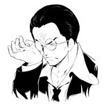  adjusting_eyewear batsu captain_kuro commentary_request frown glasses greyscale half_opaque_glasses male_focus monochrome one_piece solo 