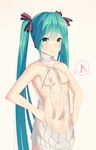  00s 1girl anger_vein aqua_eyes aqua_hair areolae breasts convenient_censoring directional_arrow eahi gradient_background hands_on_hips hatsune_miku long_hair matching_hair/eyes navel no_bra simple_background small_breasts solo standing twintails virgin_killer_sweater vocaloid 
