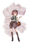  belt black_footwear boots brown_legwear camera cathy_higgins freckles full_body green_eyes hand_on_hip hat highres looking_at_viewer necktie newspaper official_art pouch princess_principal princess_principal_game_of_mission red_hair shorts smile solo standing suspenders thighhighs transparent_background twin-lens_reflex_camera vest watch 