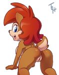  all_fours bangs big_breasts big_butt black_nose blue_eyes breasts brown_fur butt butt_focus chipmunk eyelashes fur hair looking_at_viewer looking_back mammal nipples nude open_mouth pussy rear_view red_hair rodent sally_acorn short_tail simple_background smile solo sonic_(series) the_other_half tongue 