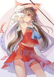  arm_up armpits bow brown_hair contrapposto detached_sleeves gohei hair_bow hair_tubes hakurei_reimu highres hip_vent holding long_hair looking_at_viewer midriff miniskirt navel ofuda ookamisama red_bow red_eyes red_skirt ribbon-trimmed_sleeves ribbon_trim skirt skirt_set solo standing touhou 