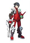  black_hair blaster_master_zero blue_eyes boots carrying_under_arm fingerless_gloves full_body gloves helmet jason_frudnick looking_at_viewer male_focus multicolored_hair natsume_yuji official_art red_gloves simple_background smile solo streaked_hair turtleneck white_background 