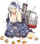  akira_(kadokawa) blue_eyes breasts cleavage corn flower folded_ponytail food hair_flower hair_ornament headband japanese_clothes kamoi_(kantai_collection) kantai_collection kimono large_breasts lowres machinery official_art potato solo torn_clothes transparent_background white_hair yukata 