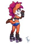  blue_eyes clothing eyelashes fan_character female ferret footwear fur gloves greeting hair looking_at_viewer looking_back mammal mustelid open_mouth orange_fur purple_hair shirt shoes shorts simple_background smile solo sonic_(series) tambre_the_ferret tank_top the_other_half 