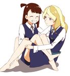  anime_coloring artist_request bad_feet barefoot blonde_hair blue_eyes brown_hair closed_eyes diana_cavendish facing_viewer highres kagari_atsuko little_witch_academia long_hair looking_at_another multiple_girls school_uniform sitting twitter_username 