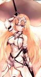  arm_up armor armored_dress banner black_legwear blonde_hair dress dyolf fate/apocrypha fate_(series) gauntlets holding holding_weapon jeanne_d'arc_(fate) jeanne_d'arc_(fate)_(all) long_hair sheath sheathed solo standing sword thighhighs very_long_hair weapon white_dress 