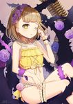 briar_rose_(sinoalice) brown_eyes brown_hair bullet child flat_chest flower hair_flower hair_ornament head_wreath highres midriff navel omelet_tomato one_eye_closed rubbing_eyes signature sinoalice sitting solo swimsuit thigh_strap thighs 