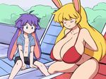  1girl animal_ears animated animated_gif bikini blonde_hair bouncing_breasts breasts bunny_ears bunny_girl clothes_removed erection gigantic_breasts hetero huge_breasts huge_nipples long_hair lowres original paul_gq purple_hair swimsuit undressing 