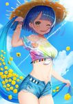  ;d bangs blue_hair blue_shorts blue_sky blunt_bangs bracelet cloud condensation_trail contrapposto cowboy_shot cutoffs day denim denim_shorts flower green_eyes hair_ornament hairclip hand_up hat highres jewelry legs_together looking_at_viewer midriff navel omelet_tomato one_eye_closed open_fly open_mouth original outdoors shawl shirt short_hair short_shorts shorts signature sky smile solo standing straw_hat sun_hat sunlight thighs tied_shirt unbuttoned wristband yellow_eyes yellow_flower 