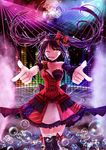  ;d black_hair bow bubble clock_eyes date_a_live disco_ball dress highres idol light_rays long_hair looking_at_viewer md5_mismatch microphone nail_polish one_eye_closed open_mouth pointing pointing_at_viewer red_nails smile solo steam symbol-shaped_pupils thighhighs tokisaki_kurumi tsubasaki twintails yellow_eyes 