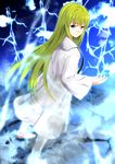  androgynous bad_id bad_pixiv_id barefoot blue_eyes enkidu_(fate/strange_fake) eyebrows_visible_through_hair fate/strange_fake fate_(series) green_hair long_hair looking_at_viewer looking_back male_focus mugipot smile solo very_long_hair white_coat 