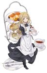  apron black_footwear blonde_hair blue_eyes cup dessert food fork full_body highres knife long_hair looking_at_viewer maid_apron makaria official_art princess_(princess_principal) princess_principal princess_principal_game_of_mission saucer shoes smile solo standing tea teacup teapot tiered_tray transparent_background 