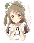  bangs birthday blush bow brown_eyes clenched_hands green_bow hair_bow happy_birthday highres light_brown_hair long_hair love_live! love_live!_school_idol_project maid maid_headdress minami_kotori one_side_up short_sleeves simple_background smile solo sunya_(honorin-yuunibo) upper_body white_background 