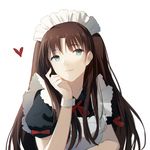  aiko_(kanl) alternate_costume apron bad_id bad_pixiv_id black_shirt brown_hair enmaided eyebrows_visible_through_hair fate/stay_night fate_(series) green_eyes heart long_hair maid maid_headdress neck_ribbon red_ribbon ribbon shirt short_sleeves simple_background solo toosaka_rin two_side_up upper_body very_long_hair white_apron white_background wrist_cuffs 