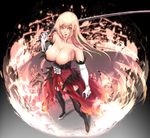 bare_shoulders big.g black_legwear blood bloody_tears breasts cleavage dress elbow_gloves gloves highres holding holding_sword holding_weapon huge_breasts katana kiss-shot_acerola-orion_heart-under-blade long_hair looking_at_viewer monogatari_(series) smile solo sword thighhighs tongue tongue_out very_long_hair weapon white_gloves 