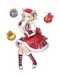  :3 animal_ears bangs blonde_hair blush boots commentary_request dress eyebrows_visible_through_hair food full_body fur_trim gift gingerbread_man gloves green_eyes green_ribbon hair_ornament hair_ribbon hat holding holding_food looking_at_viewer neck_ribbon official_art open_mouth puffy_short_sleeves puffy_sleeves red_dress red_footwear red_gloves ribbon sack sangai_senki santa_costume short_hair short_sleeves simple_background sitting smile solo tamaxi white_background 