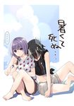  2girls arm_around_shoulder bare_shoulders barefoot black_hair black_shirt blue_sky brown_shorts casual cloud contemporary crossed_legs day directional_arrow head_down highres horns hot kijin_seija leaning_on_person midriff mimoto_(aszxdfcv) multicolored_hair multiple_girls navel purple_eyes purple_hair ramune red_hair shirt short_hair short_sleeves shorts sitting sky sleeveless spoken_ellipsis streaked_hair sukuna_shinmyoumaru sweat tied_shirt touhou translated white_hair white_shirt 