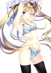  ;o absurdres armpits arms_up bangs black_legwear black_ribbon blonde_hair blue_bra blue_eyes blue_panties blush bow bow_bra bow_panties bowtie bra breasts commentary contrapposto cowboy_shot eyebrows_visible_through_hair floating_hair hair_ribbon highres long_hair looking_at_viewer medium_breasts nakamura_takeshi navel non-web_source one_eye_closed open_mouth panties ribbon ribbon-trimmed_bra saenai_heroine_no_sodatekata sawamura_spencer_eriri scan sidelocks simple_background solo standing strap_gap thighhighs twintails underwear underwear_only undressing very_long_hair white_background 