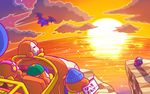  backwards_hat baseball_cap beanie bow bowtie cliff closed_eyes cloud commentary_request flying hat headphones helmet kirby kirby_(series) meta_knight no_humans notepad ocean official_art sitting sparkle star_(sky) sunset translated waddle_dee wheelie_(kirby) wings 