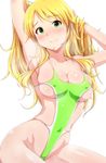  adjusting_hair arched_back arm_up armpits bare_arms blonde_hair blush breasts collarbone covered_navel covered_nipples green_eyes hoshii_miki idolmaster idolmaster_(classic) large_breasts long_hair looking_at_viewer md5_mismatch navel skindentation smile solo swimsuit tareme tengu_(tetuo_kun) white_background 