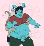  2017 5_fingers absurd_res anthro anthro_on_anthro anthrofied balls belly belly_grab big_belly biped black_bottomwear black_claws black_clothing black_hair blue_balls blue_fur blue_pawpads blue_penis blush brown_clothing brown_topwear canine cheek_tuft claws clothed clothing crop_top cum cumshot digital_drawing_(artwork) digital_media_(artwork) dog duo ejaculation erection eyes_closed faceless_male floppy_ears fondling fur gelert glans green_bottomwear green_clothing grey_fur grey_hair grey_nose hair hands-free hi_res hug hugging_from_behind humanoid_penis long_ears male male/male mammal midriff moobs navel neopets nipple_bulge nipple_pinch orgasm overweight overweight_male pants pants_down partially_clothed pattern_background pawpads penis phimosis pinch pink_background pubes red_clothing red_topwear scar shirt short_hair shorts simple_background size_difference slim slimeymonsterguts small_dom_big_sub standing tuft uncut white_claws 