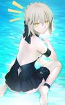  artoria_pendragon_(all) artoria_pendragon_(swimsuit_rider_alter) ass back bad_id bad_pixiv_id black_swimsuit blonde_hair breasts fate/grand_order fate_(series) grey_hair in_water looking_at_viewer magicians_(zhkahogigzkh) one-piece_swimsuit sideboob sitting small_breasts solo swimsuit yellow_eyes 