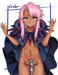  absurdres cape caster_(fate/zero) caster_(fate/zero)_(cosplay) chloe_von_einzbern cosplay dark_skin evil_smile fate/kaleid_liner_prisma_illya fate/zero fate_(series) highres looking_at_viewer naked_cape navel pear_sauce pink_hair smile solo yellow_eyes 