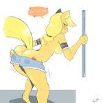  2014 anthro anthrofied anus applejack_(mlp) blonde_hair blush breasts butt clothed clothing cold-blooded-twilight cutie_mark cutoffs denim_shorts dialogue earth_pony english_text equine female freckles friendship_is_magic fur green_eyes hair hi_res horse mammal my_little_pony nipples orange_fur pole pony presenting presenting_hindquarters shorts simple_background solo text topless undressing white_background 