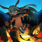  aqua_eyes aqua_hair ars_goetia breasts broken broken_chain chain commentary_request cuffs dark_skin fantasy fire forest grin hair_between_eyes highres hooves horse_tail kamukamu6392 loincloth long_hair midriff monster_girl nature navel original pelvic_curtain pointy_ears shackles sharp_teeth small_breasts smile solo square_pupils tail teeth 