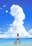  bicycle blue_shorts blue_sky brown_hair cloud cloudy_sky commentary day from_behind ground_vehicle long_hair ocean original outdoors scenery seascape shirt short_sleeves shorts sky solo somehira_katsu standing wading white_shirt 
