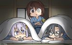  amagiri_(kantai_collection) armband blue_eyes brown_hair commentary crescent crescent_hair_ornament crossed_arms dated furutaka_(kantai_collection) futon glasses glowing glowing_eye grey_eyes grey_hair hair_ornament hamu_koutarou heterochromia highres kantai_collection long_hair lying multiple_girls on_stomach purple_hair short_hair short_hair_with_long_locks signature trembling yayoi_(kantai_collection) yellow_eyes 