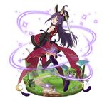  animal_ears arm_up bunny_ears detached_sleeves floating_hair full_body holding holding_sword holding_weapon leg_up long_hair looking_at_viewer looking_back official_art purple_hair red_eyes red_legwear simple_background solo sword sword_art_online sword_art_online:_code_register thighhighs very_long_hair weapon white_background yuuki_(sao) 