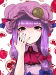  ^_^_(k-4610) bangs blue_bow blue_ribbon blunt_bangs bow commentary_request crescent crescent_hair_ornament hair_bow hair_ornament hat hat_ribbon highres nail_polish no_mouth no_nose patchouli_knowledge pink_eyes purple_hair purple_hat purple_nails red_bow red_ribbon ribbon sidelocks solo touhou upper_body white_background 