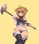  antenna_hair bandaged_arm bandages bare_shoulders black_legwear black_panties blush bow_(bhp) brown_hair cardcaptor_sakura commentary_request cosplay cowboy_shot fate/apocrypha fate_(series) fuuin_no_tsue gloves green_eyes jack_the_ripper_(fate/apocrypha) jack_the_ripper_(fate/apocrypha)_(cosplay) kinomoto_sakura looking_at_viewer magical_girl navel panties seiyuu_connection short_hair solo tange_sakura thighhighs underwear wand 