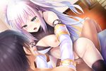  1girl :o arm_warmers black_hair black_legwear black_leotard breasts clothed_female_nude_male cyanomirahi cyrtanthus_(flower_knight_girl) flower_knight_girl game_cg girl_on_top green_eyes hetero leotard long_hair looking_at_another medium_breasts nipples nude official_art one_breast_out sex silver_hair straddling thighhighs two_side_up vaginal 