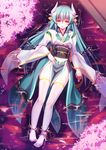  afloat aqua_hair blush breasts cherry_blossoms dutch_angle fate/grand_order fate_(series) full_body horns japanese_clothes kimono kiyohime_(fate/grand_order) long_hair looking_at_viewer lying medium_breasts obi obiage obijime on_back partially_submerged sash side_slit solo thighhighs traditional_media watercolor_pencil_(medium) white_legwear yellow_eyes zha_yu_bu_dong_hua 