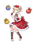  animal_ears bangs blonde_hair blush boots closed_mouth commentary_request dress eyebrows_visible_through_hair food full_body fur_trim gift gingerbread_man gloves green_eyes hair_ribbon hat holding holding_food looking_at_viewer neck_ribbon official_art pink_ribbon puffy_short_sleeves puffy_sleeves red_dress red_footwear red_gloves ribbon sack sangai_senki santa_costume short_hair short_sleeves simple_background sitting solo tamaxi white_background 