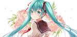  blue_eyes blue_hair diten eyebrows_visible_through_hair floating_hair flower from_behind hair_between_eyes hair_ribbon hatsune_miku long_hair neck_ribbon pink_flower red_ribbon ribbon shirt short_sleeves simple_background smile solo twintails upper_body very_long_hair vocaloid white_background white_shirt 