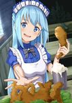  :d alcohol alternate_costume ame. apron aqua_(konosuba) beer beer_mug black_bow black_neckwear blue_eyes blue_hair blush bow bowtie breasts brooch commentary_request dutch_angle enmaided eyebrows_visible_through_hair food fried_chicken frills gem head_tilt holding holding_food indoors jewelry kono_subarashii_sekai_ni_shukufuku_wo! long_hair looking_at_viewer maid maid_apron maid_headdress medium_breasts open_mouth outstretched_hand ribbon smile straight_hair tareme upper_body very_long_hair white_apron 