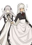  absurdres altera_(fate) alternate_costume apron bad_id bad_pixiv_id bangs black_dress black_nails blush closed_eyes closed_mouth commentary_request dress enmaided eyebrows_visible_through_hair fate/grand_order fate_(series) grey_hair hands_together highres long_dress long_hair long_sleeves looking_away looking_to_the_side maid maid_apron maid_headdress marie_antoinette_(fate/grand_order) multiple_girls nail_polish neck_ribbon red_eyes ribbon simple_background skirt_hold smile standing teshima_nari translation_request twintails very_long_hair white_background 