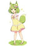  :d animal_ear_fluff animal_ears arm_behind_back bangs blunt_bangs blush breasts bug butterfly dress eyebrows_visible_through_hair fox_ears fox_girl fox_tail frilled_dress frilled_sleeves frills full_body grass green_eyes green_hair head_wreath insect looking_at_viewer mary_janes open_mouth original pigeon-toed sasaame shoes short_dress short_sleeves simple_background small_breasts smile socks solo standing tail white_background yellow_dress 