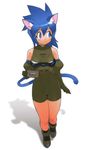  32_idol_saturn-chan animal_ears blue_eyes blue_hair bodysuit cat_ears cat_tail elbow_gloves full_body game_console gloves holding long_hair personification saturn_(32_idol_saturn-chan) sega_saturn shadow simple_background solo tail white_background yoshizaki_mine 