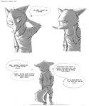  2017 anthro barefoot canine clothed clothing comic dialogue disney english_text fox greyscale male mammal monochrome nick_wilde solo sprinkah standing text url zootopia 