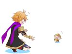  ajirogasa chibi fang gotou_toushirou hat kiwame_(touken_ranbu) light_infantry_(touken_ranbu) male_focus multicolored_hair multiple_boys one_knee orange_hair orb outstretched_arms running scarf short_hair streaked_hair touken_ranbu tousou_(touken_ranbu) 