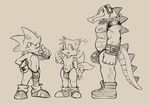  anthro bulge clothing crocodile crocodilian daftpatriot green_eyes group headphones hedgehog lizard looking_at_viewer male mammal miles_prower monochrome muscular penis reptile scalie simple_background smile sonic_(series) sonic_the_hedgehog speedo sweat sweatdrop swimsuit tight_clothing vector_the_crocodile video_games 